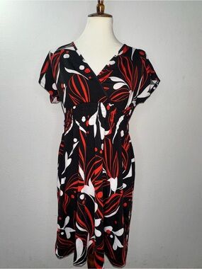 Black Floral Wrap-Style Midi Dress with Red and White Print